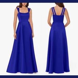 NWT $259 Xscape‎ Double Strap Satin Ball Gown in Royal Blue [PETITE SZ 12P ]